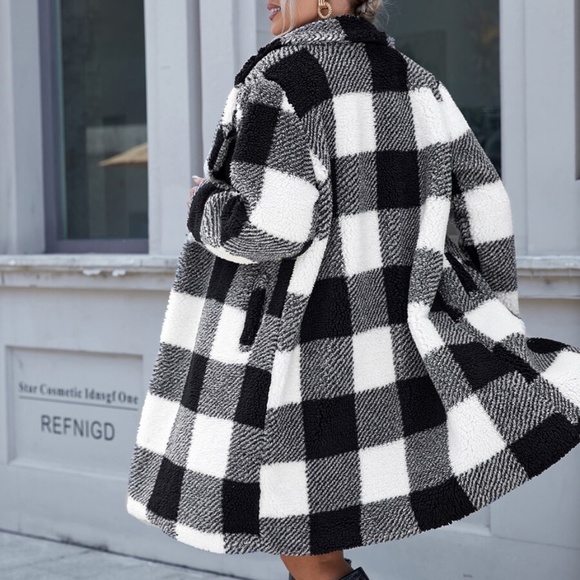 Cozy plaid Open Front Teddy Trench Coat Jacket - Picture 4 of 5